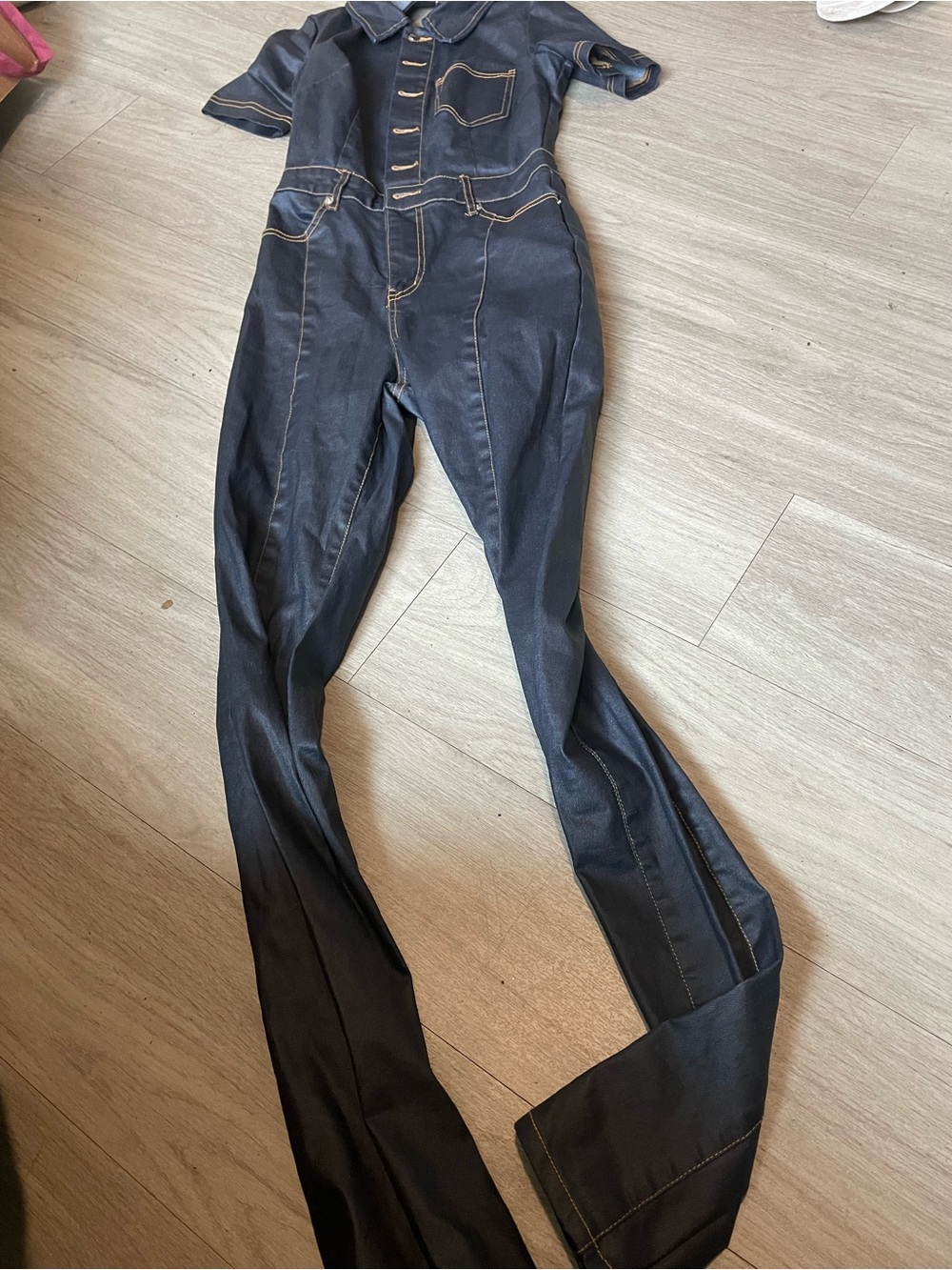Fashion Nova Dark Blue Denim Jumpsuit with Contrast Stitching